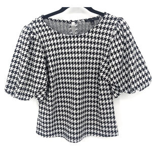 Haute‎ Monde Shirt Womens Large Black Houndstooth Puff Sleeve Keyhole Academia